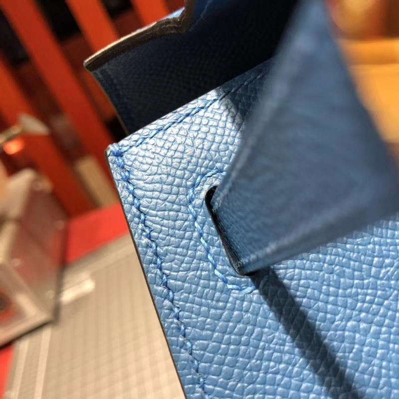 爱马仕Kelly女包 Hermes希腊蓝原厂Epsom牛皮凯莉包Kelly25CM 金扣