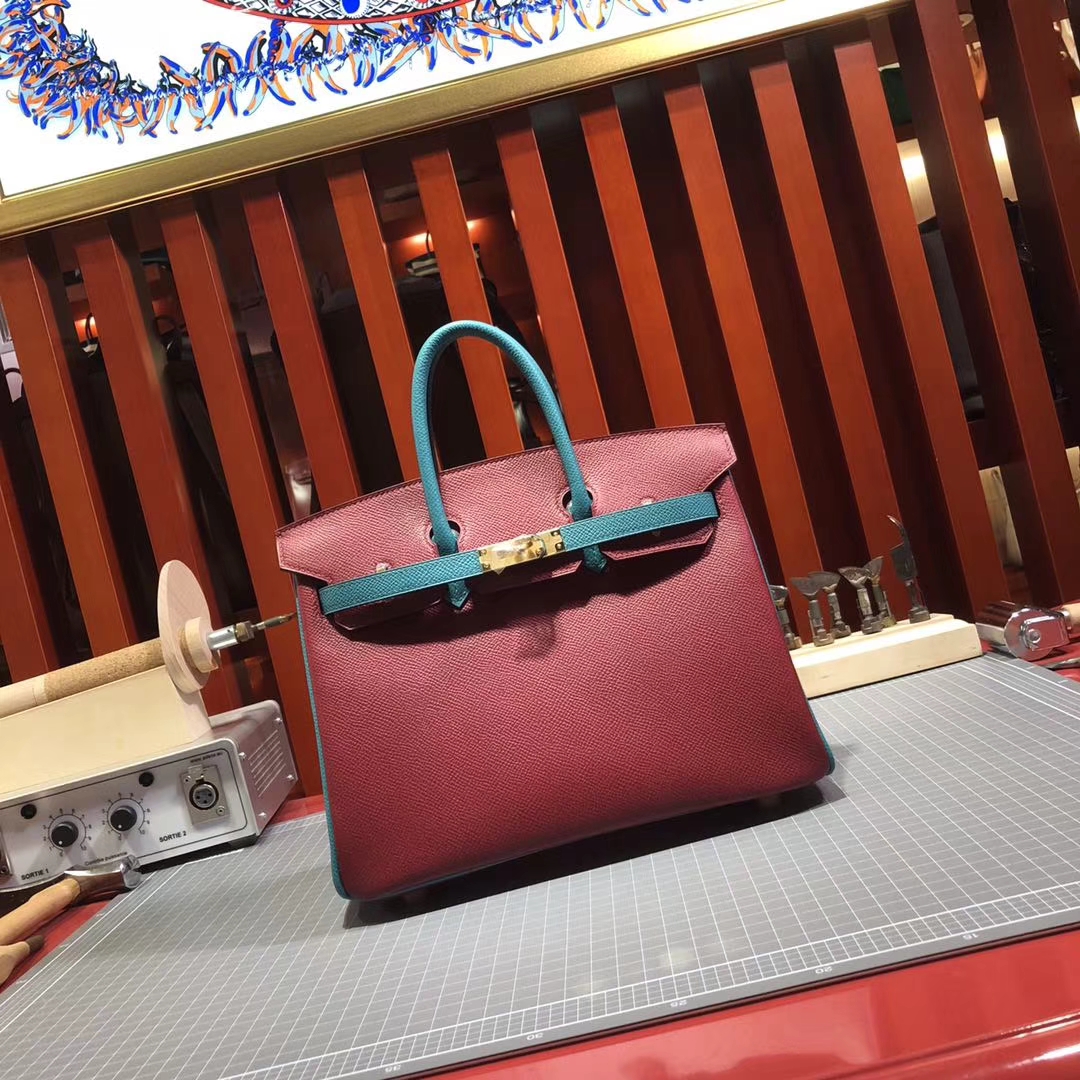爱马仕铂金包尺寸 Hermes Birkin25CM 中国红拼孔雀蓝十字纹牛皮 金扣