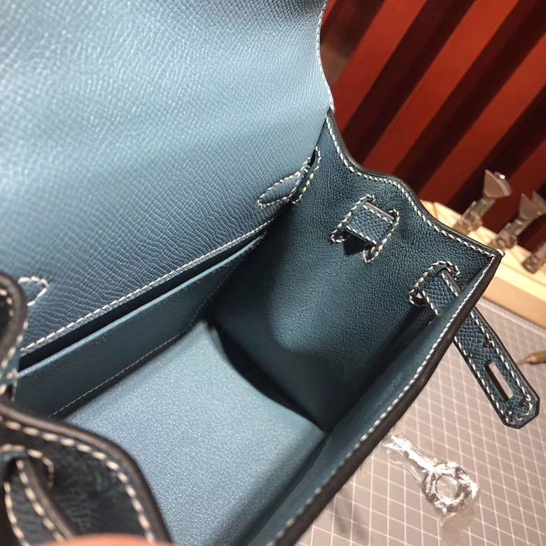 爱马仕凯莉包尺寸 Hermes Kelly20CM CC75牛仔蓝 epsom皮 银扣