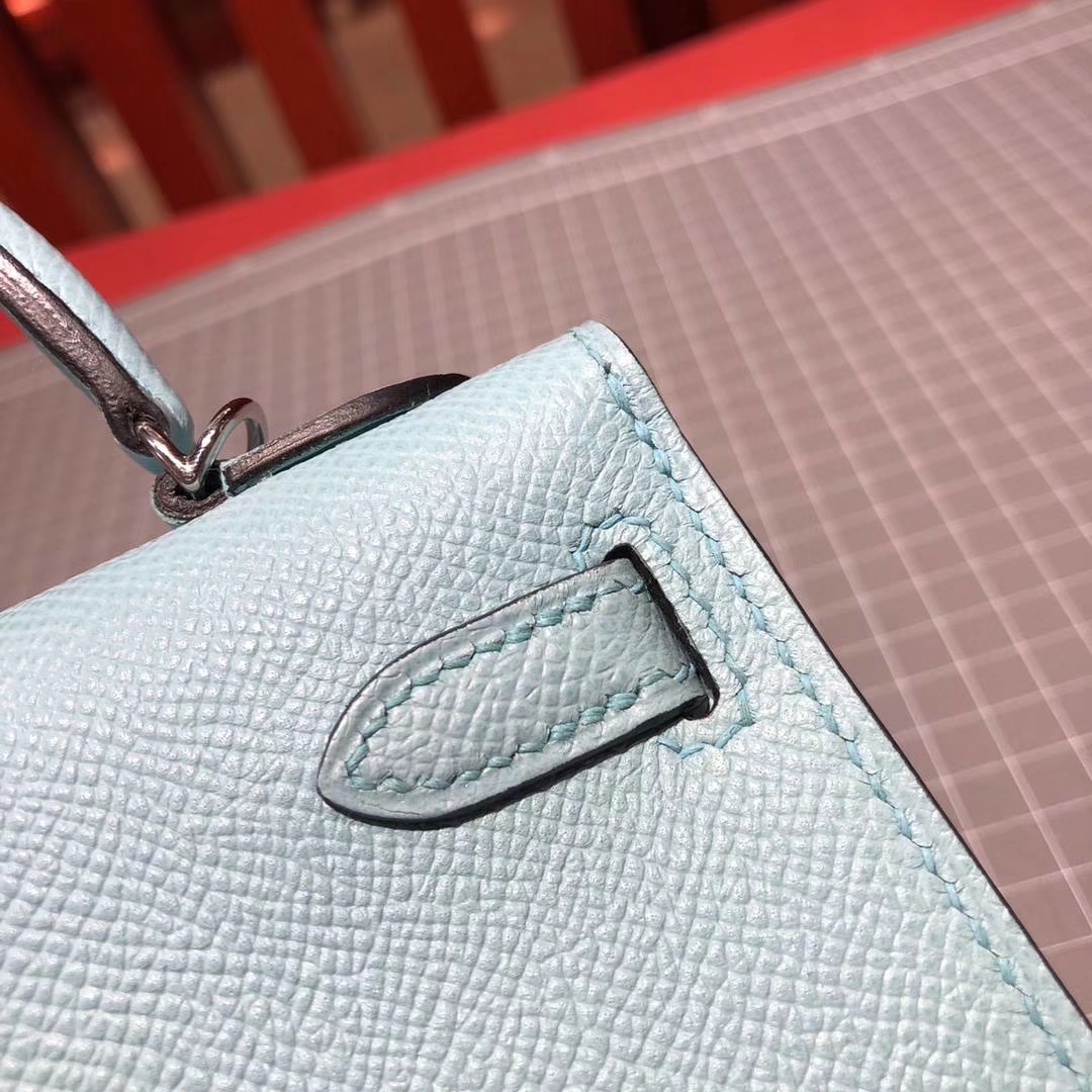 爱马仕晚宴手包 Hermes Minikelly2代 3P马卡龙蓝原厂Epsom牛皮 银扣