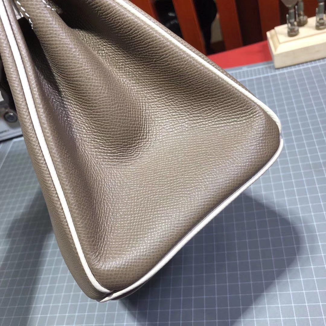 爱马仕拼色铂金包 Hermes大象灰拼奶昔白Epsom牛皮Birkin25CM 金扣