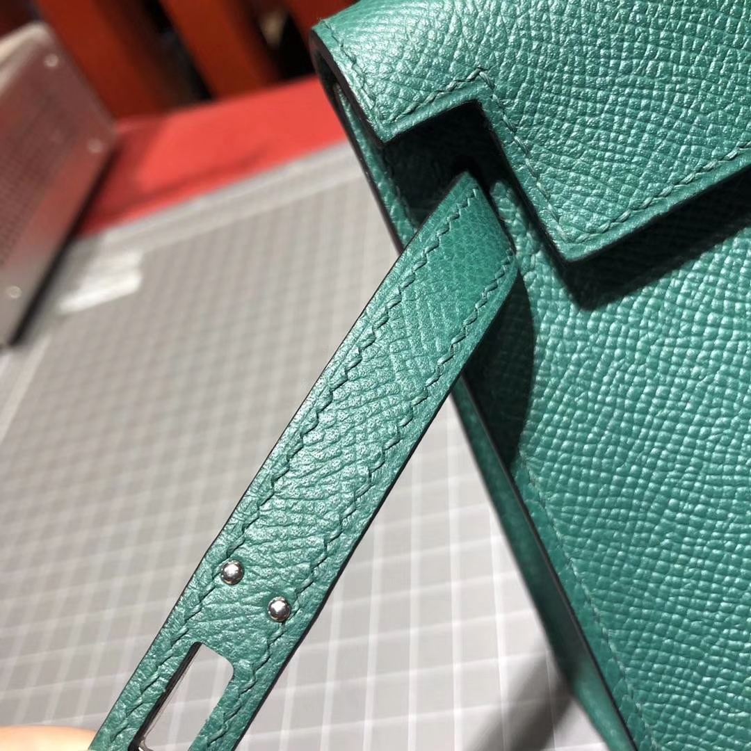 Hermes Minikelly2代 爱马仕原厂Epsom牛皮迷你凯莉包19CM 孔雀绿 银扣