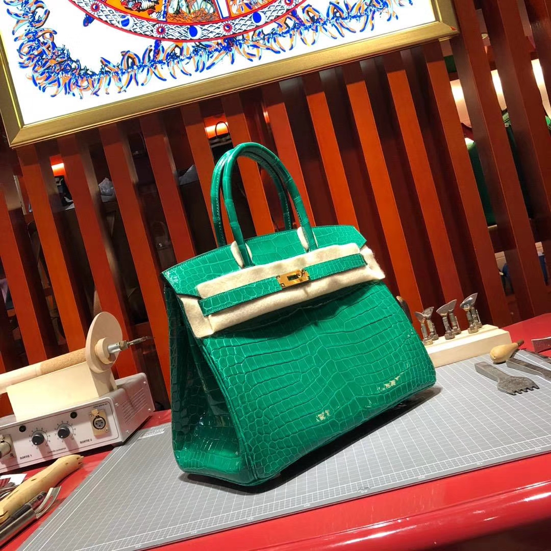 Hermes Birkin30CM 爱马仕6Q翡翠绿亮面倒V湾鳄鱼皮铂金包 金扣