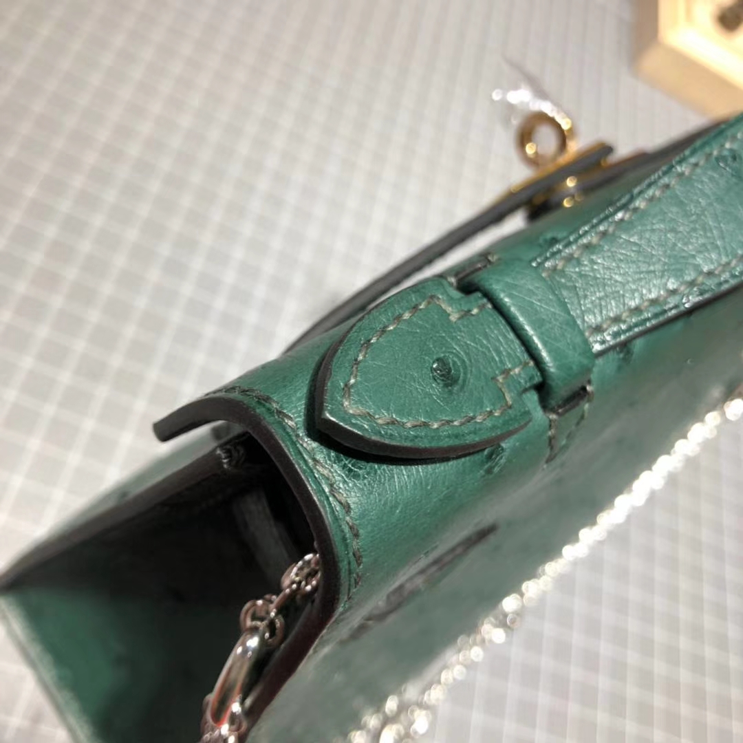 爱马仕Minikelly手包 Hermes孔雀绿原厂鸵鸟皮手缝蜡线迷你凯莉包 金扣