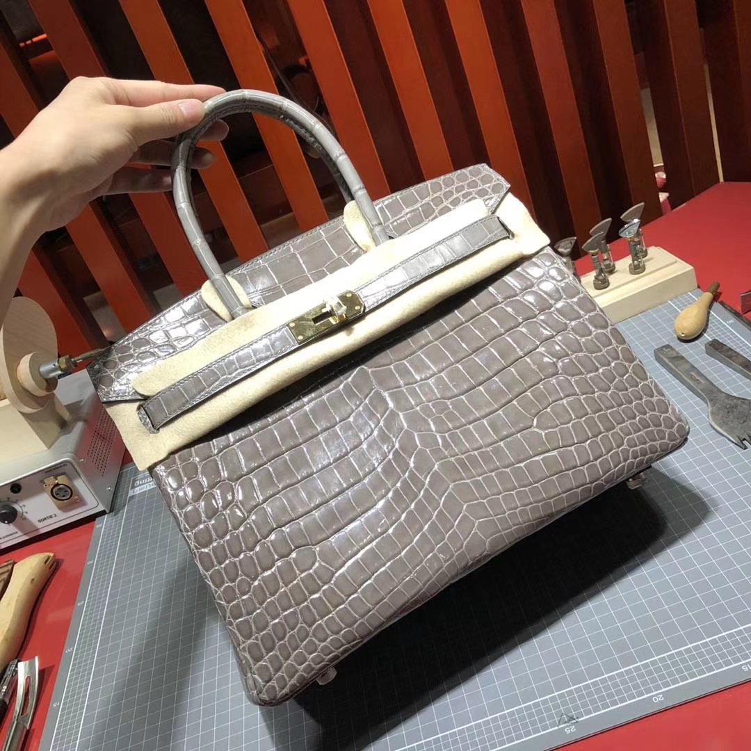 爱马仕Birkin女包 Hermes御用尼罗鳄鱼皮铂金包Birkin30CM 81斑鸠灰 金扣