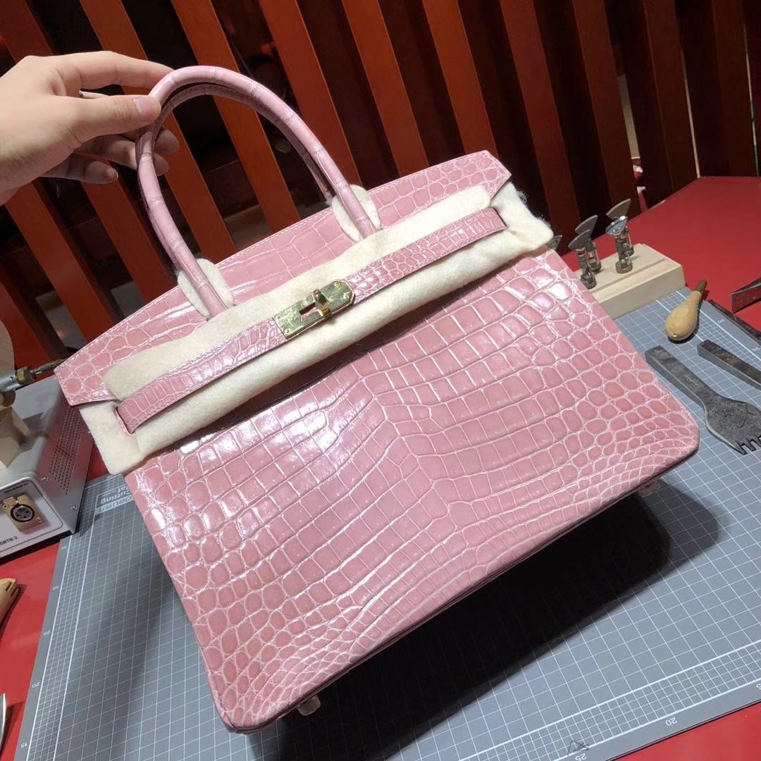 爱马仕Birkin女包 Hermes樱花粉御用尼罗鳄鱼皮Birkin30铂金包 金扣