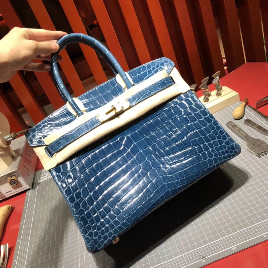Hermes包包官网 爱马仕1P鸭子蓝亮面鳄鱼皮铂金包Birkin30CM 金扣
