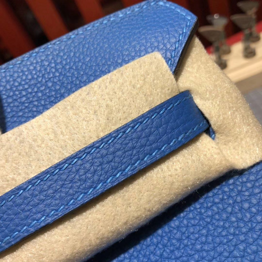 爱马仕经典女包 Hermes Birkin25CM 水妖蓝T7荔枝纹牛皮铂金包 银扣
