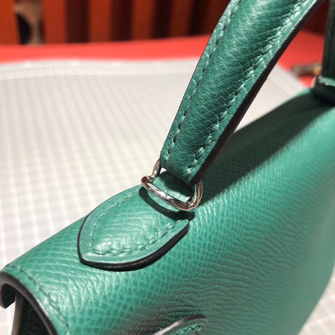 Hermes Minikelly2代 爱马仕原厂Epsom牛皮迷你凯莉包19CM 孔雀绿 银扣