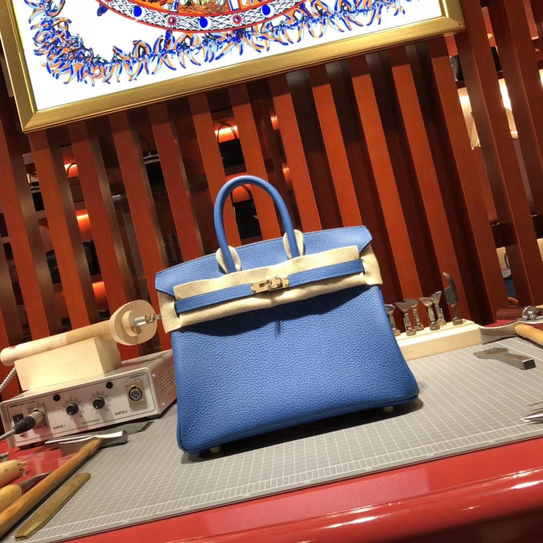 爱马仕经典女包 Hermes Birkin25CM 水妖蓝T7荔枝纹牛皮铂金包 银扣
