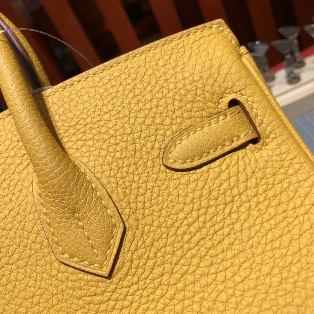 爱马仕Birkin包包 Hermes原厂Togo牛皮铂金包25CM 9D琥珀黄 银扣