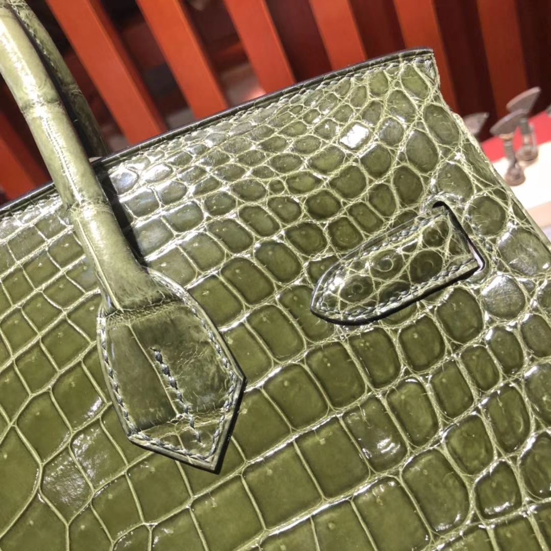 纯手工制作 Hermes爱马仕61橄榄绿御用尼罗鳄鱼皮Birkin30铂金包 银扣
