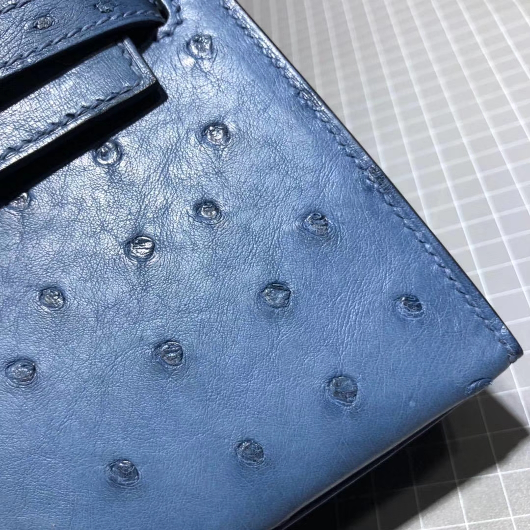 爱马仕晚宴手包 Hermes顶级鸵鸟皮Minikelly迷你凯莉包22cm 玛瑙蓝 金扣