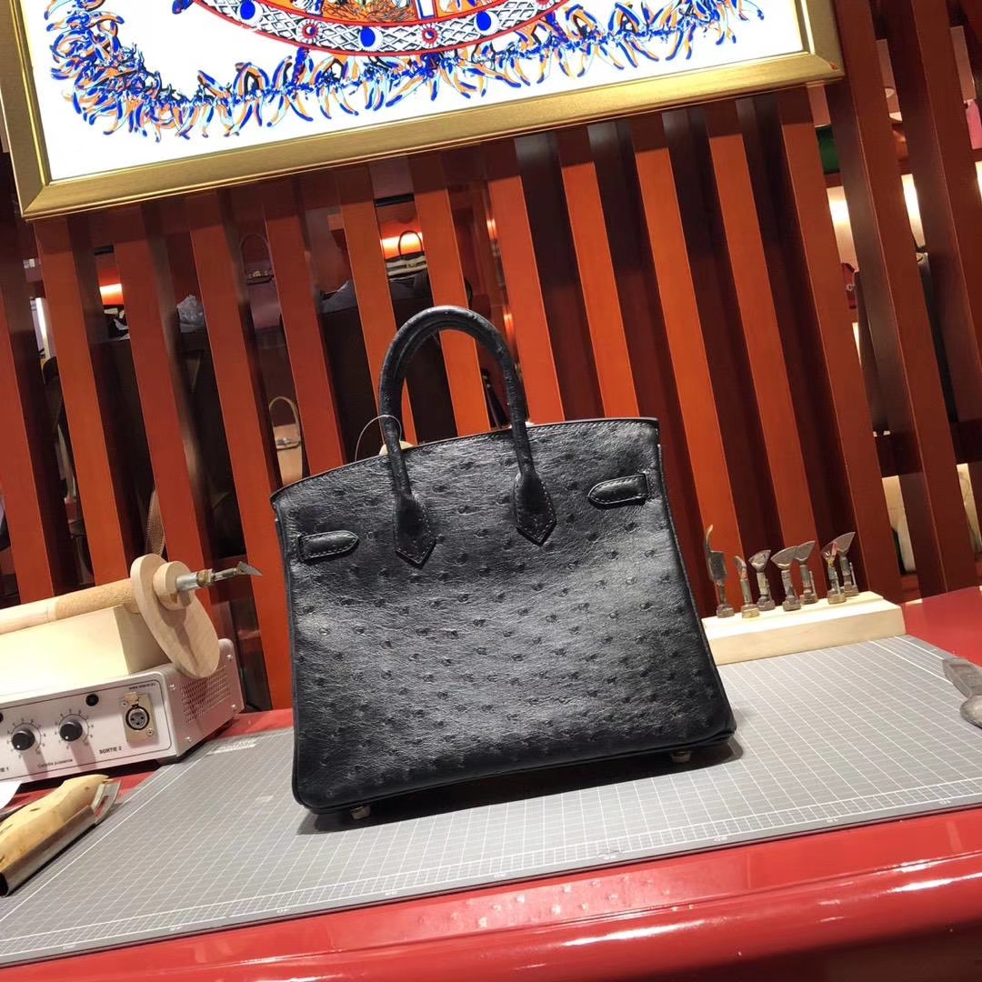 爱马仕铂金包价格 Hermes Birkin25CM 黑色KK鸵鸟皮 金扣