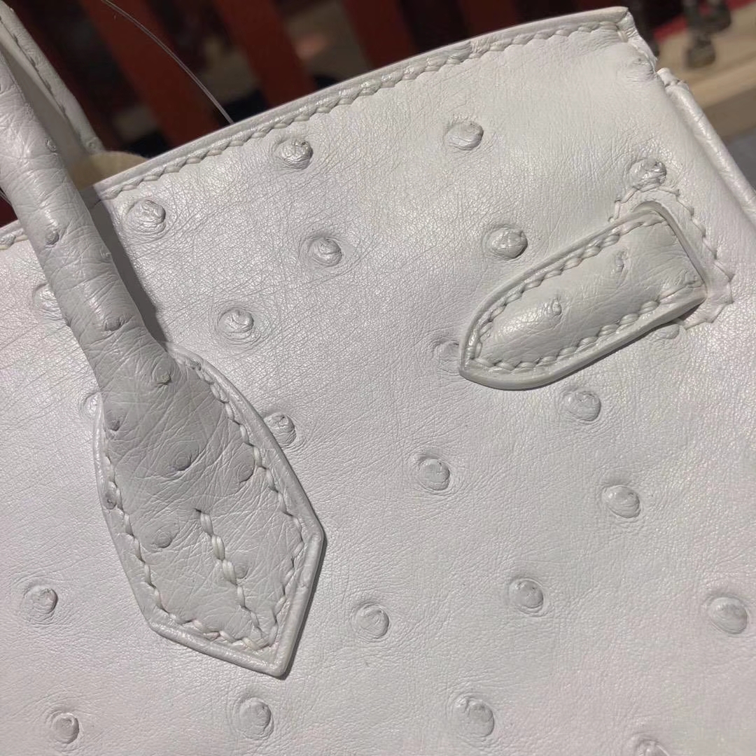 Hermes Birkin25CM 爱马仕纯白色顶级KK鸵鸟皮铂金包 银扣