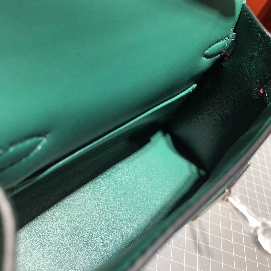 Hermes Minikelly2代 爱马仕原厂Epsom牛皮迷你凯莉包19CM 孔雀绿 银扣
