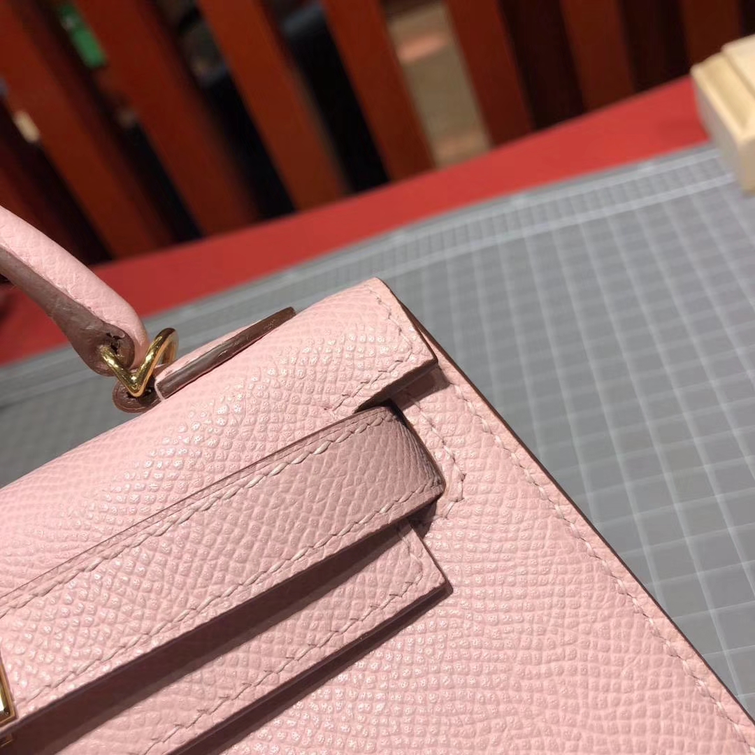爱马仕迷你凯莉包2代 Hermes Minikelly-2 3Q粉色Epsom牛皮 金扣