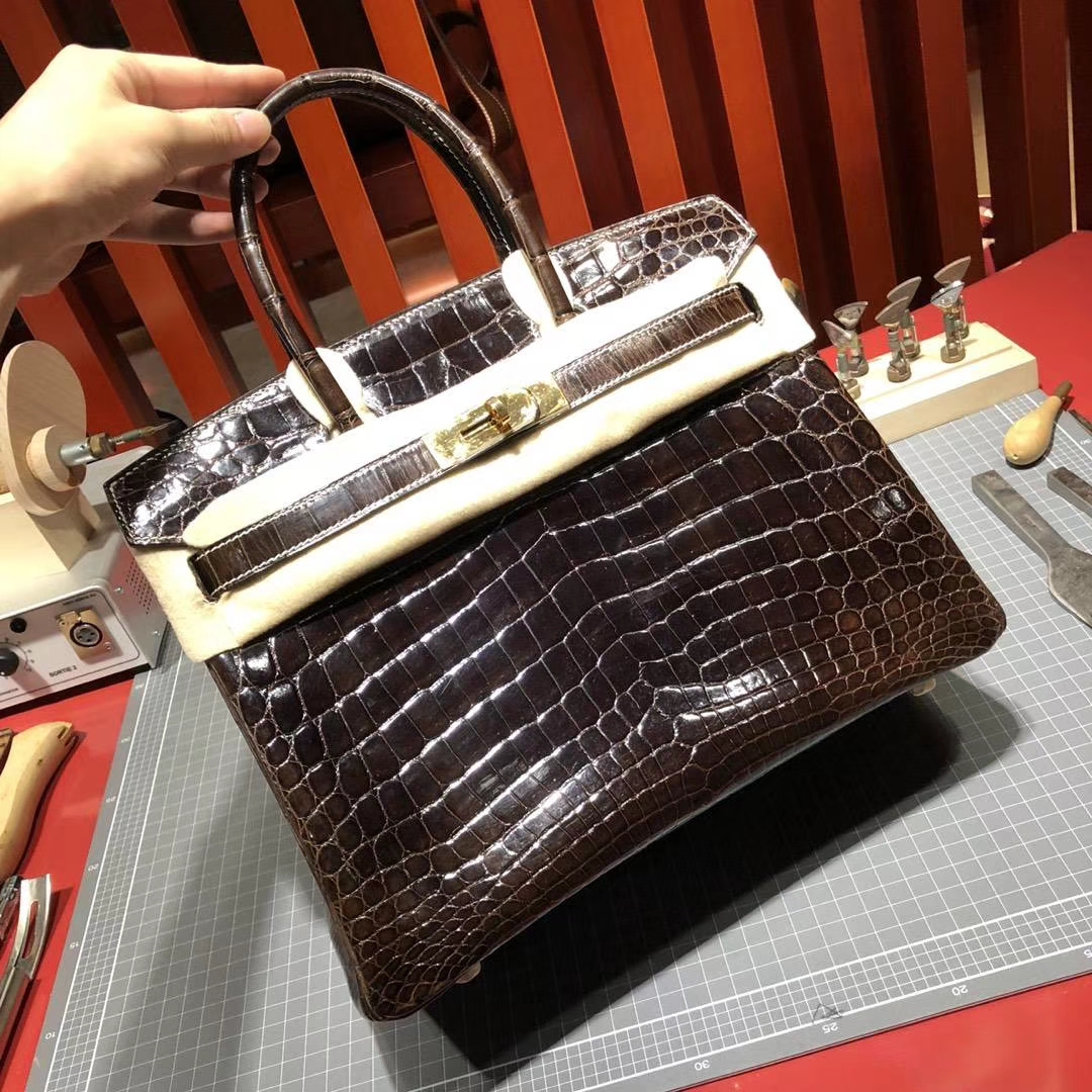 Hermes Birkin30CM 爱马仕巧克力啡亮面罗鳄鱼皮铂金包 金扣
