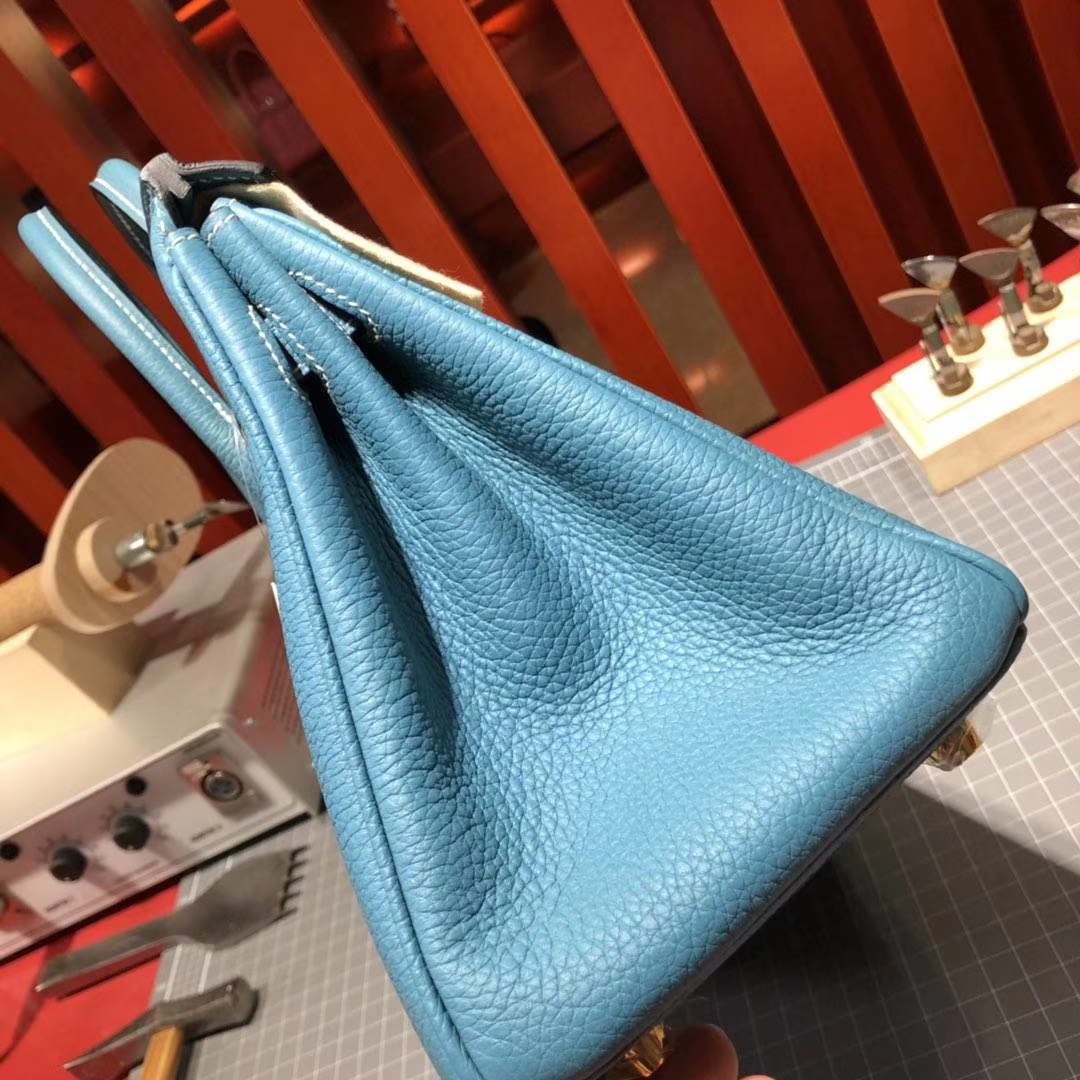 Hermes Birkin25CM 爱马仕75牛仔蓝原厂Togo牛皮铂金包 金扣