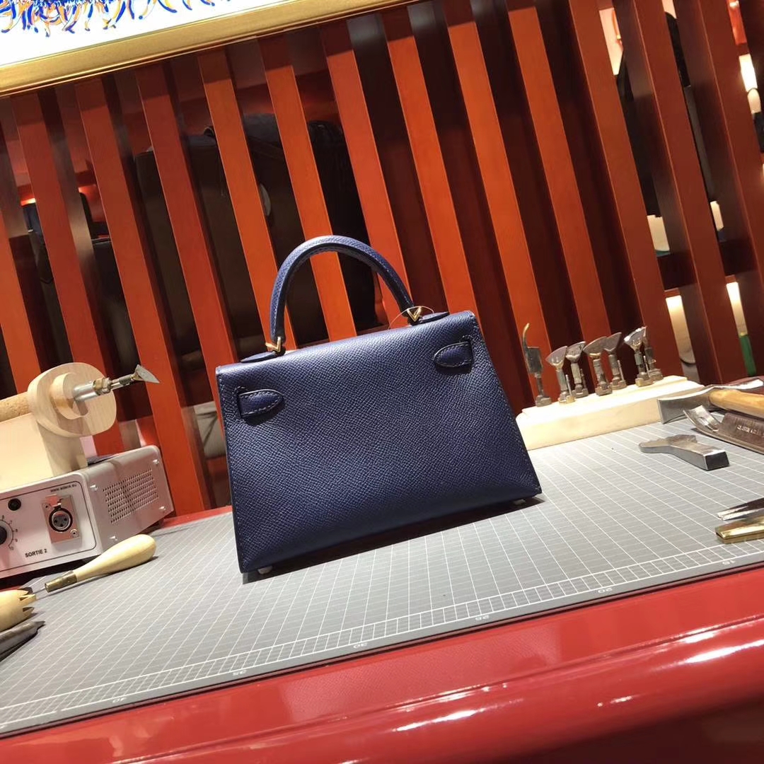 Hermes爱马仕宝石蓝原厂Epsom牛皮Minikelly迷你凯莉包2代 金扣