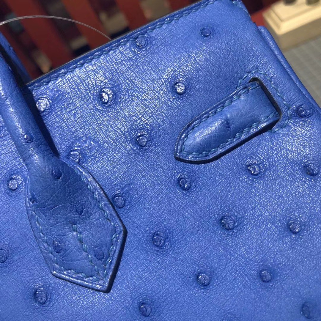 爱马仕Birkin女包 Hermes希腊蓝顶级KK鸵鸟皮铂金包Birkin25CM 银扣