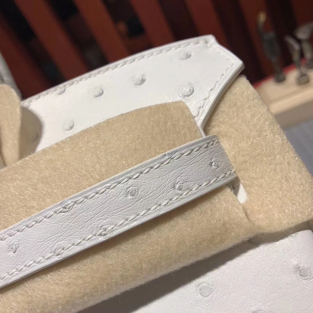 Hermes Birkin25CM 爱马仕纯白色顶级KK鸵鸟皮铂金包 银扣
