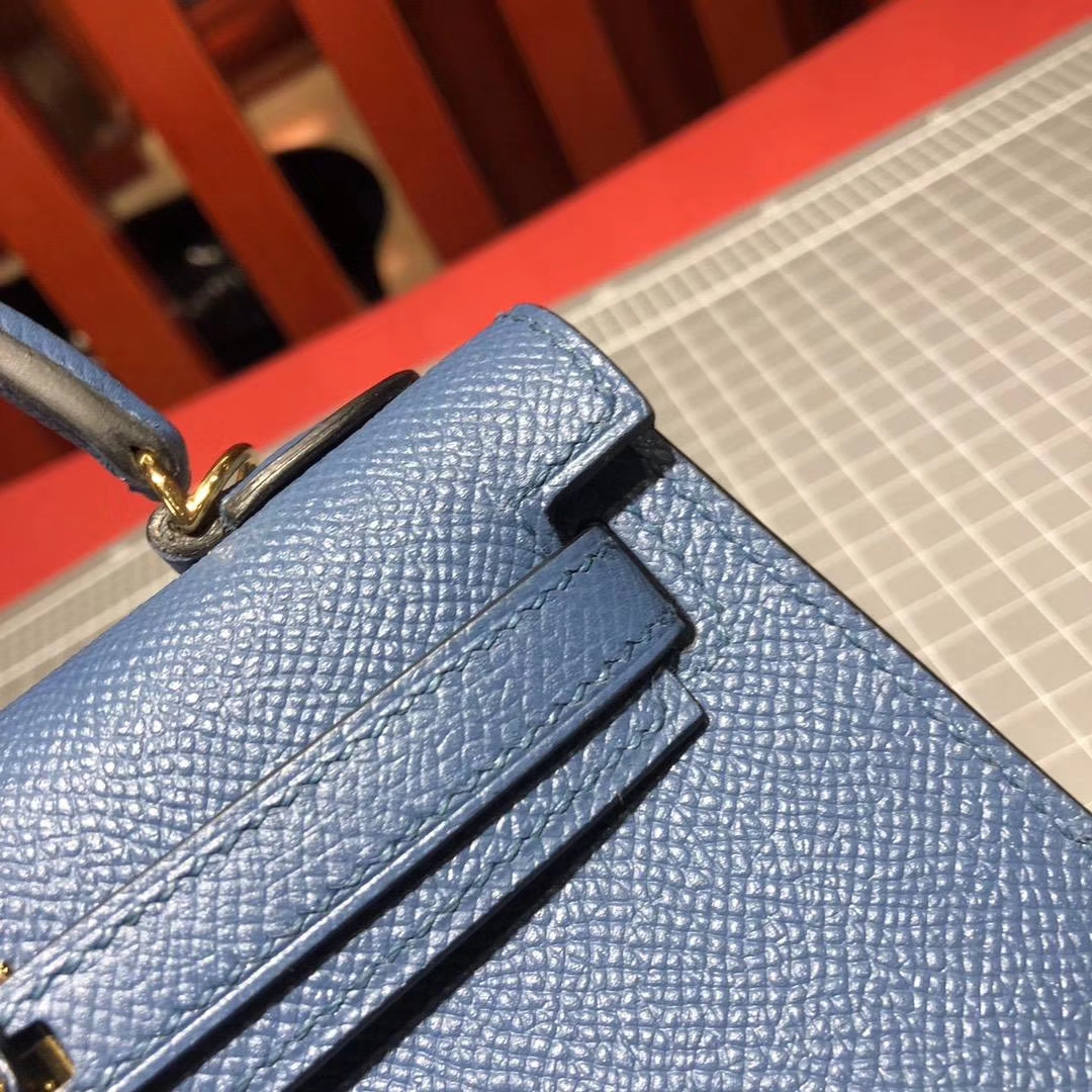 Hermes Minikelly2代 爱马仕玛瑙蓝顶级掌纹牛皮迷你凯莉包2代 金扣
