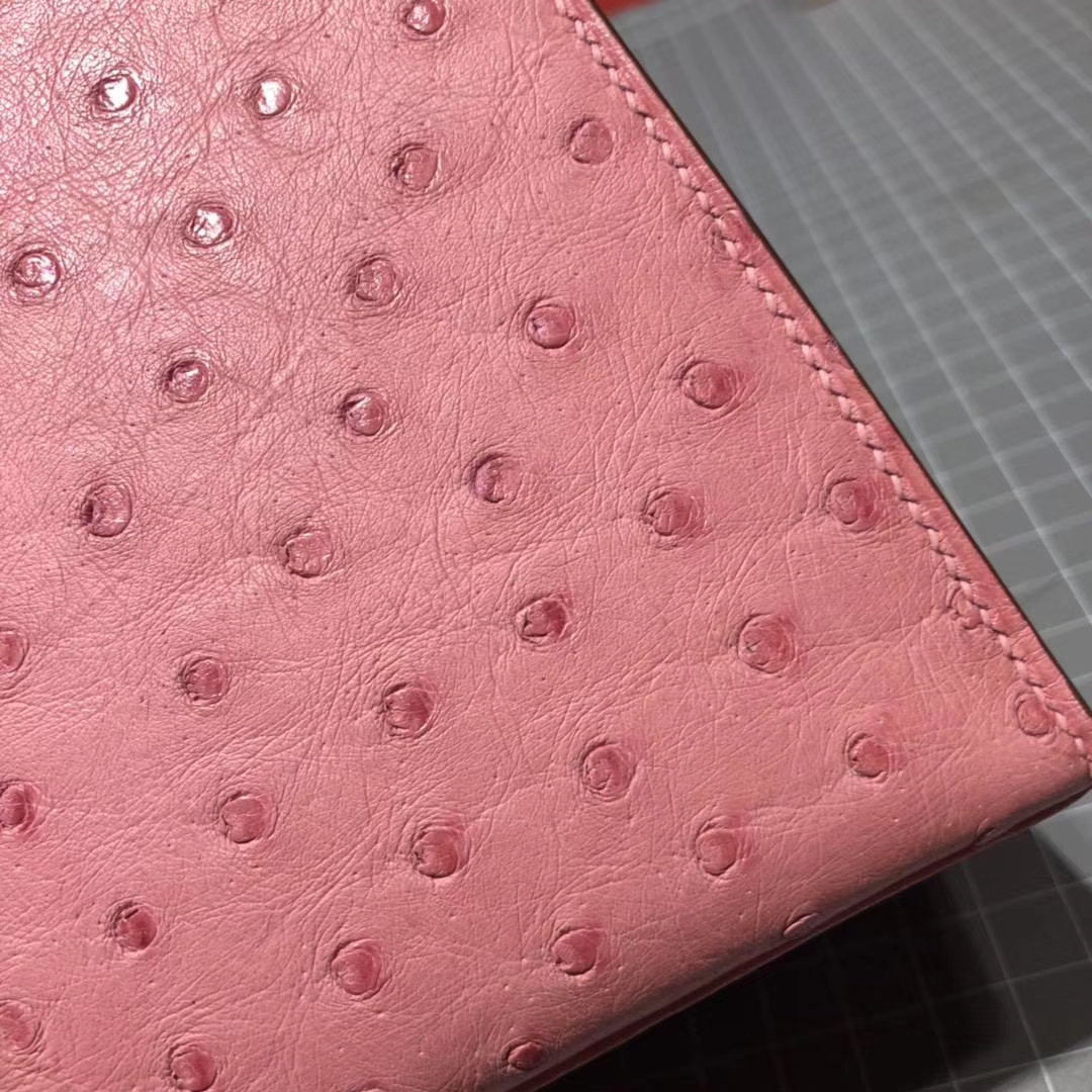 Hermes Kelly25CM 爱马仕陶瓷粉顶级鸵鸟皮凯莉包 金扣