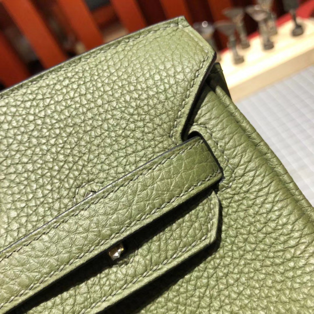 爱马仕Birkin女包 Hermes原厂Togo牛皮铂金包25CM V6丛林绿 金扣