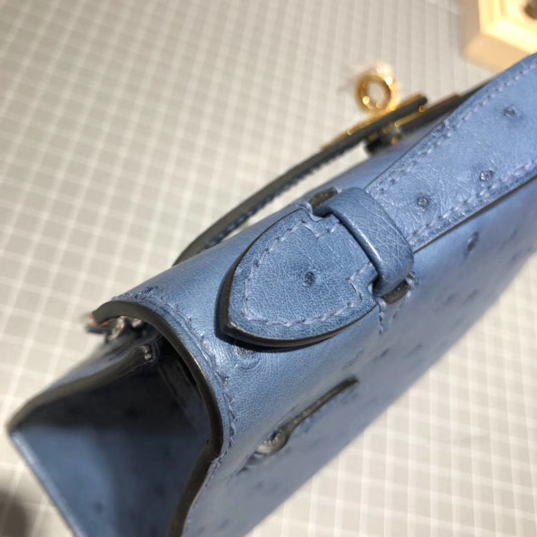爱马仕晚宴手包 Hermes顶级鸵鸟皮Minikelly迷你凯莉包22cm 玛瑙蓝 金扣