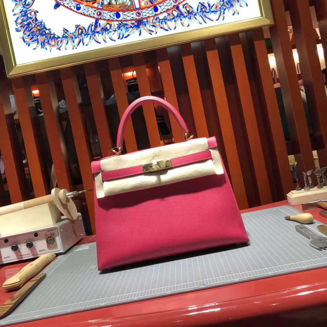 爱马仕凯莉包价格 Hermes Kelly28CM 极度粉原厂Epsom牛皮 金扣