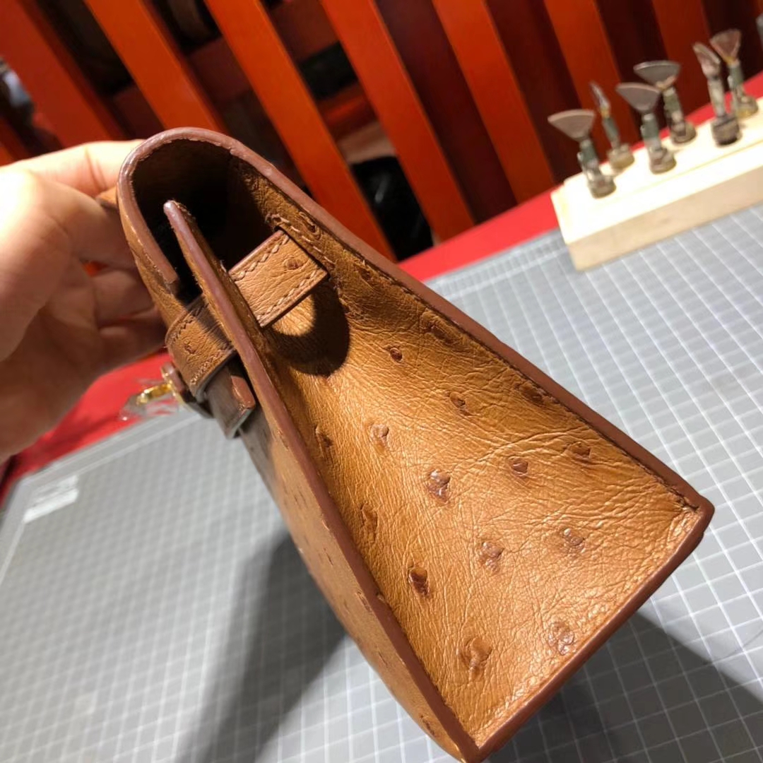 爱马仕包包官网 Hermes Minikelly Pochette 太阳黄顶级鸵鸟皮迷你凯莉包 金扣