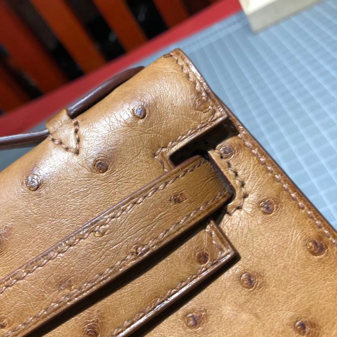 爱马仕包包官网 Hermes Minikelly Pochette 太阳黄顶级鸵鸟皮迷你凯莉包 金扣