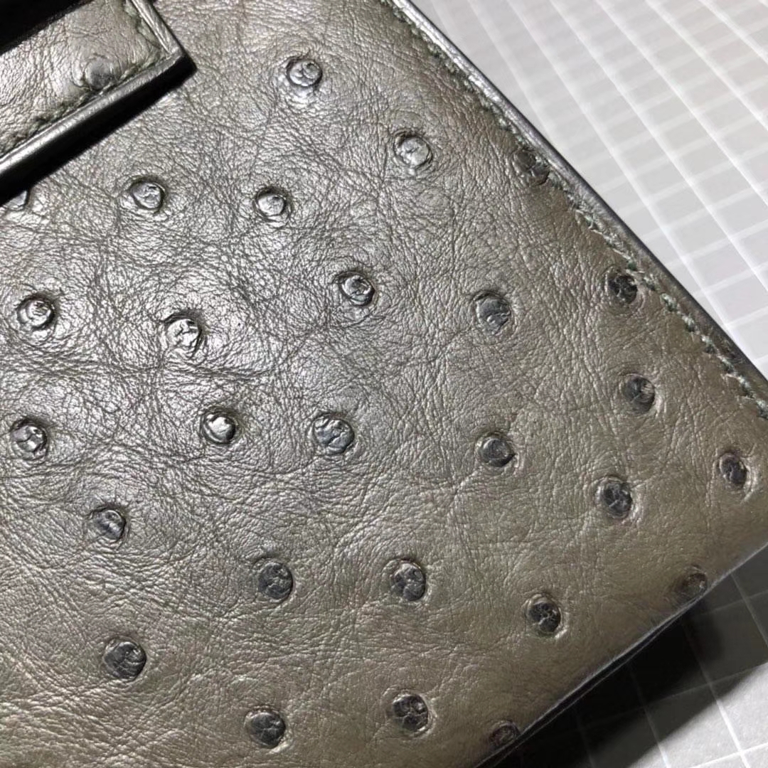 Hermes Minikelly22cm 爱马仕顶级鸵鸟皮迷你凯莉包晚宴包 铁灰色 金扣