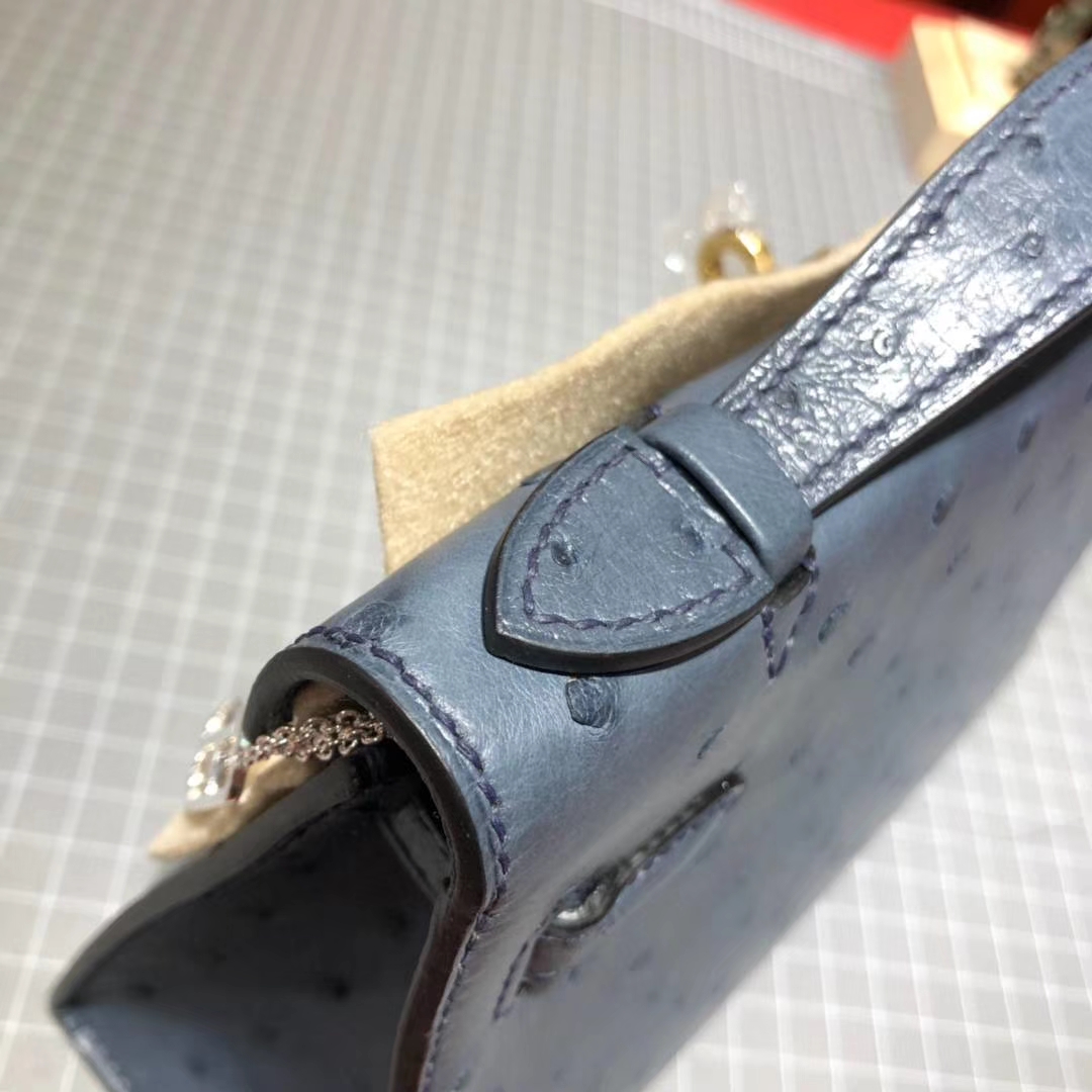 爱马仕Minikelly手包  Hermes风暴蓝顶级鸵鸟皮迷你凯莉包22cm 金扣