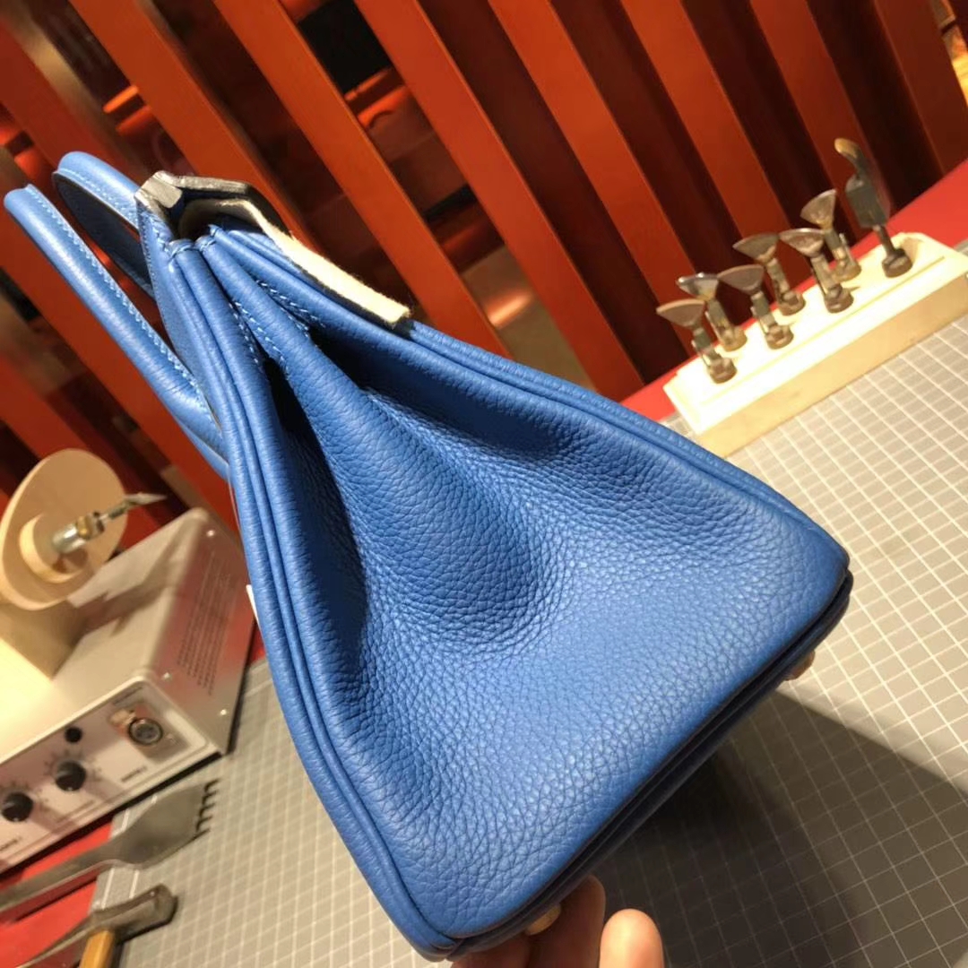 爱马仕经典女包 Hermes Birkin25CM 水妖蓝T7荔枝纹牛皮铂金包 银扣