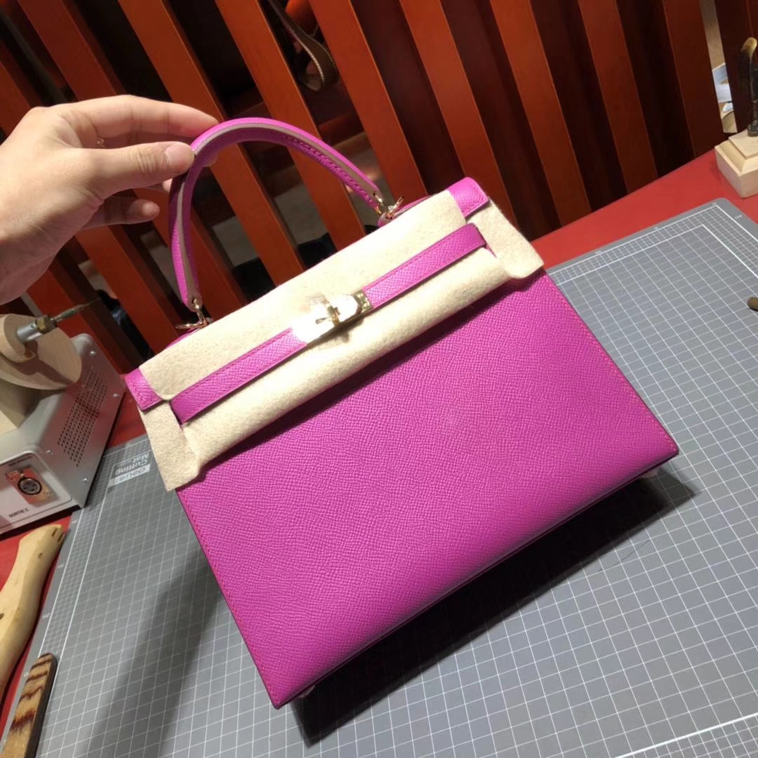 爱马仕凯莉包尺寸 Hermes Kelly25CM 玉兰紫原厂Epsom牛皮 金扣