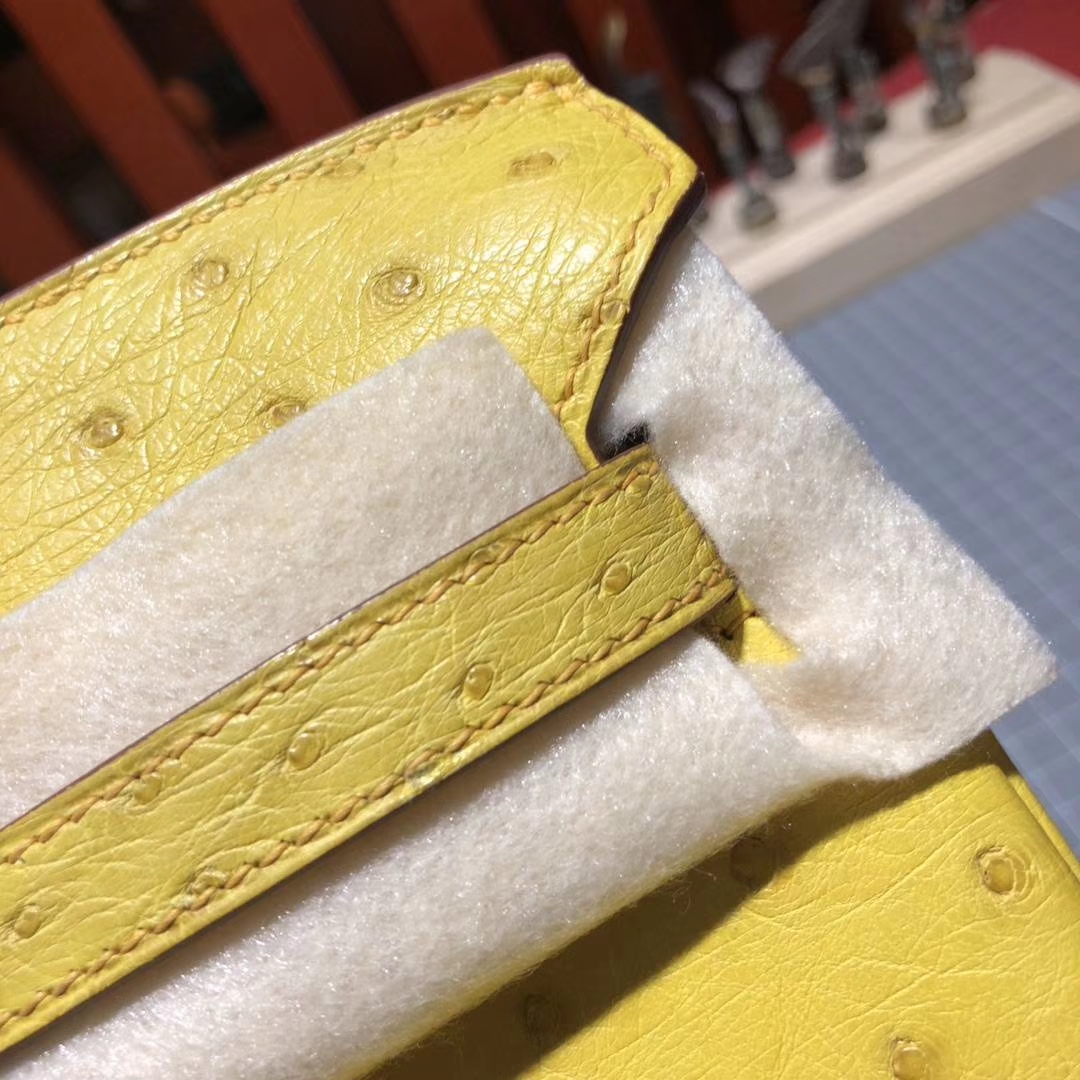 爱马仕Birkin25铂金包 Hermes柠檬黄顶级KK鸵鸟皮铂金包 金扣