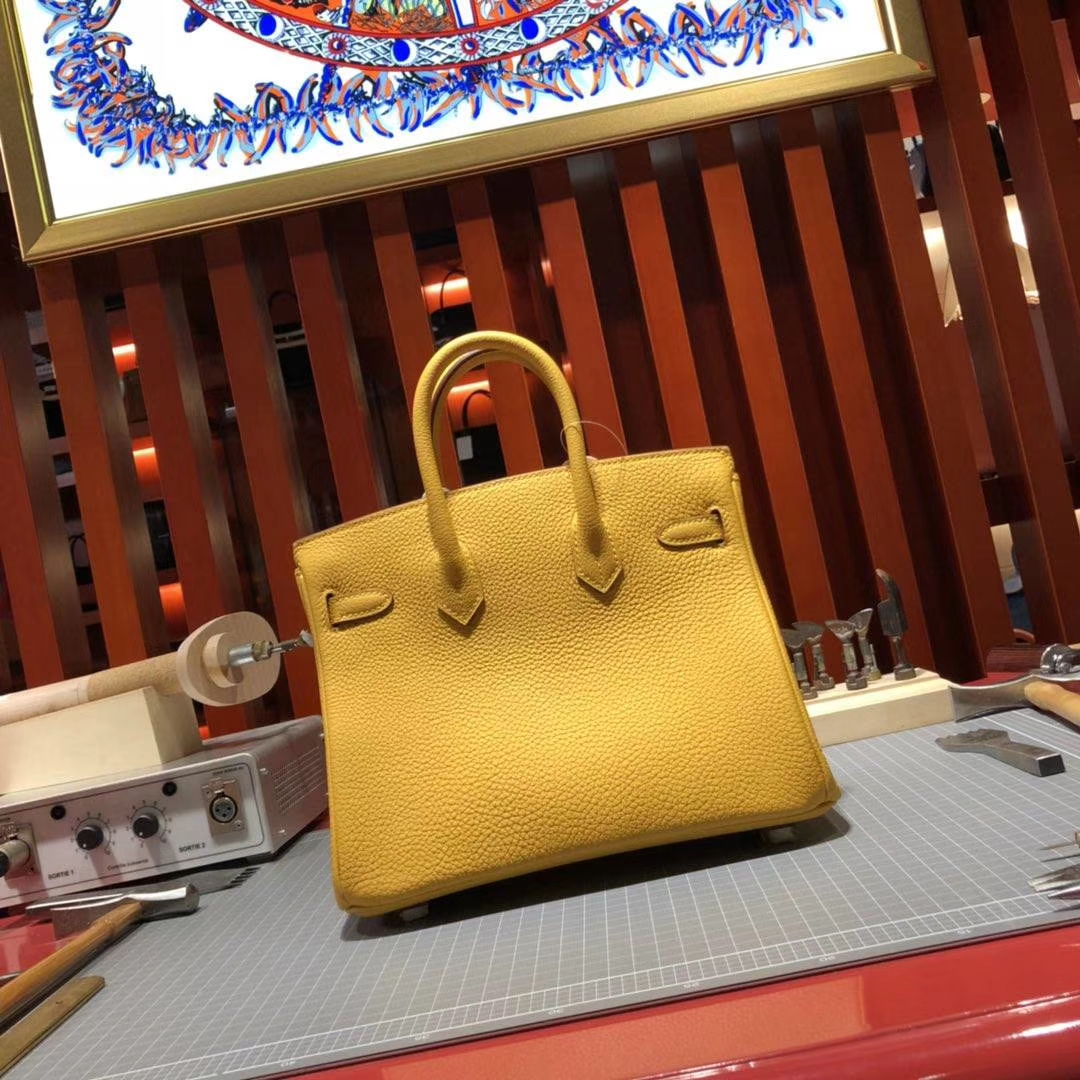 爱马仕Birkin包包 Hermes原厂Togo牛皮铂金包25CM 9D琥珀黄 银扣