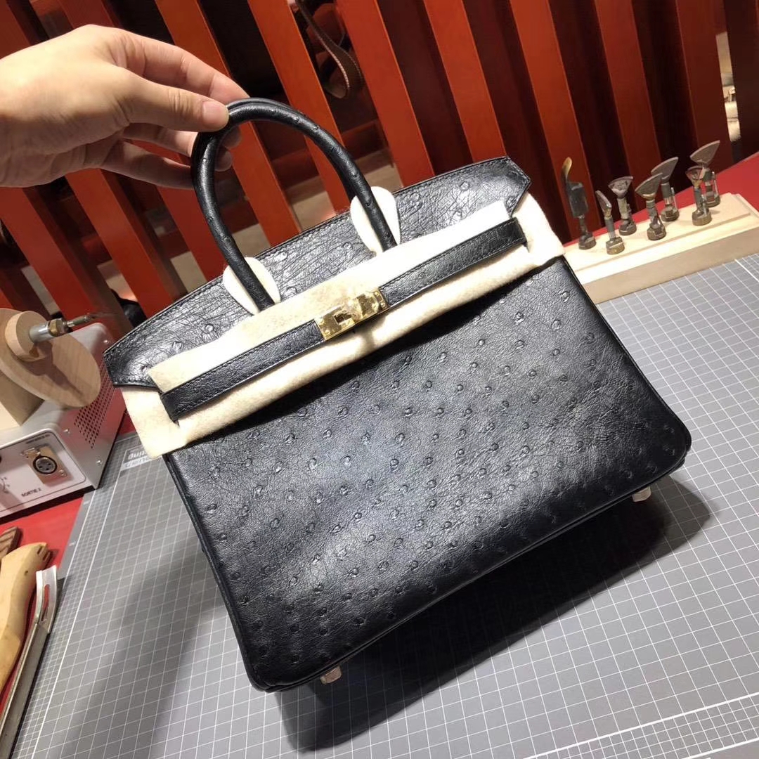爱马仕铂金包价格 Hermes Birkin25CM 黑色KK鸵鸟皮 金扣