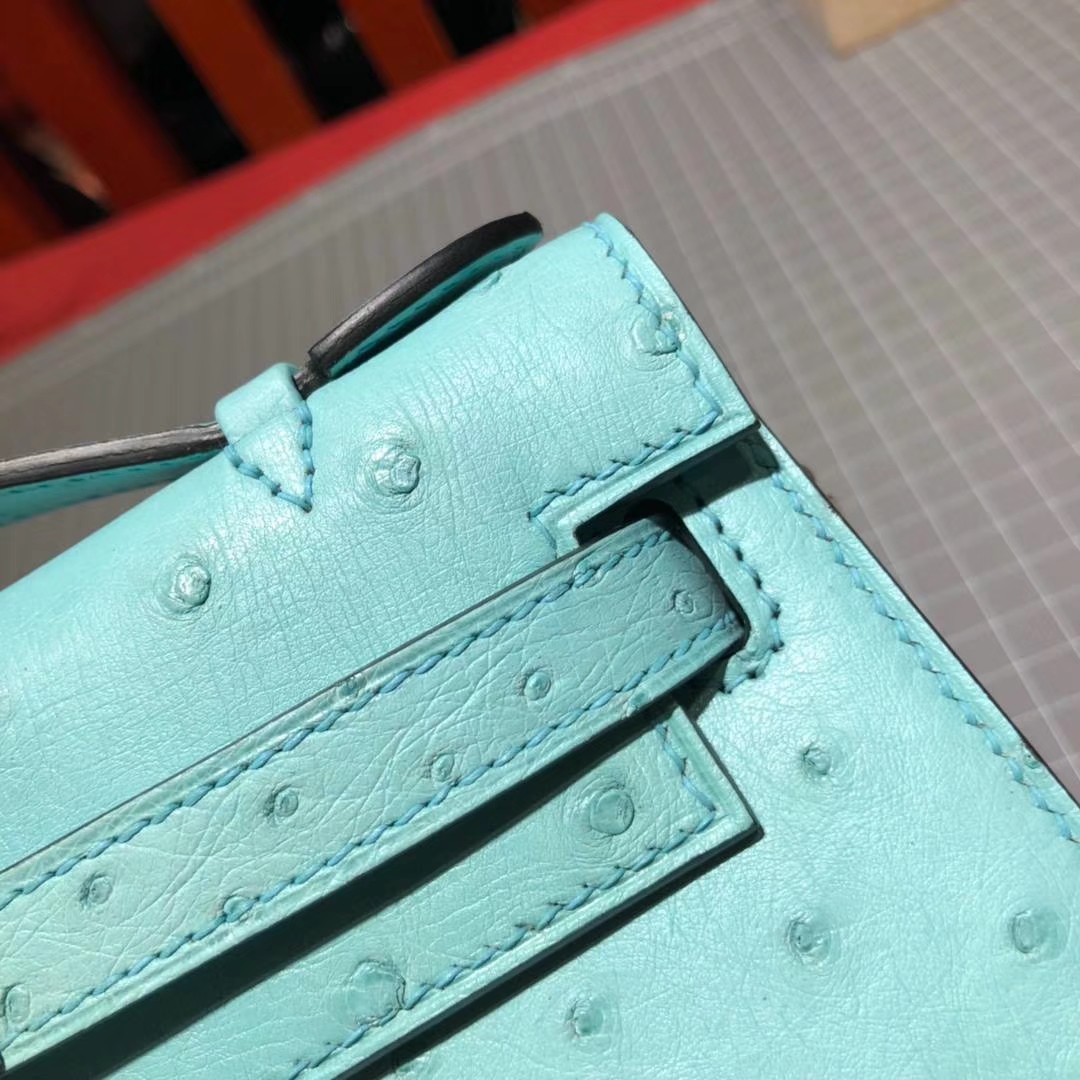 顶级工艺 Hermes爱马仕原厂鸵鸟皮Minikelly迷你凯莉包22cm 3P马卡龙蓝 金扣