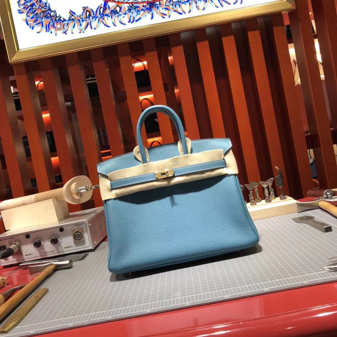 Hermes Birkin25CM 爱马仕75牛仔蓝原厂Togo牛皮铂金包 金扣