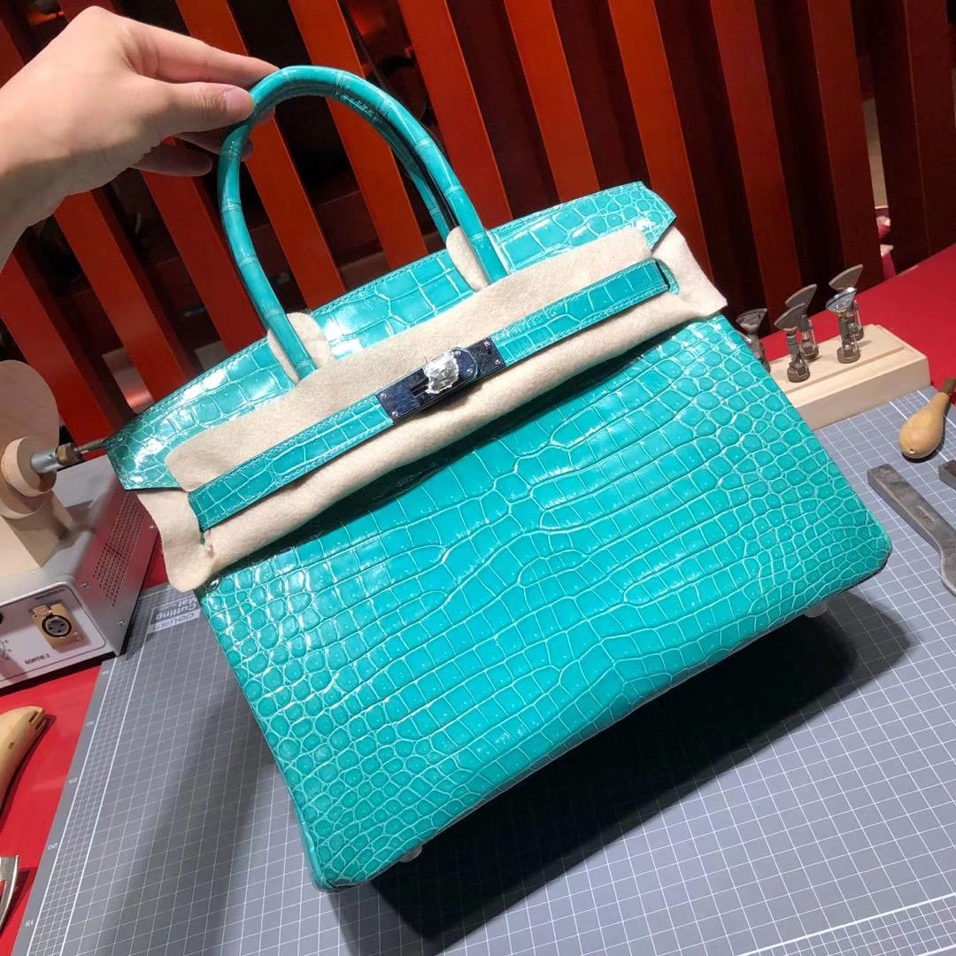 Hermes包包官网 爱马仕tiffany绿亮面湾鳄鱼皮铂金包Birkin30CM 银扣