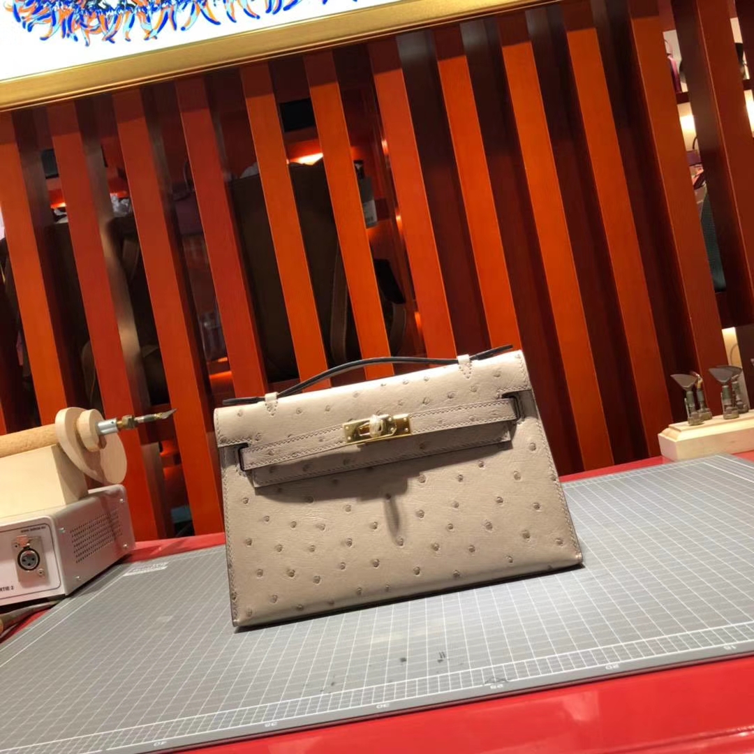 Hermes Minikelly Pochette22cm 爱马仕冰川灰顶级鸵鸟皮迷你凯莉包 金扣