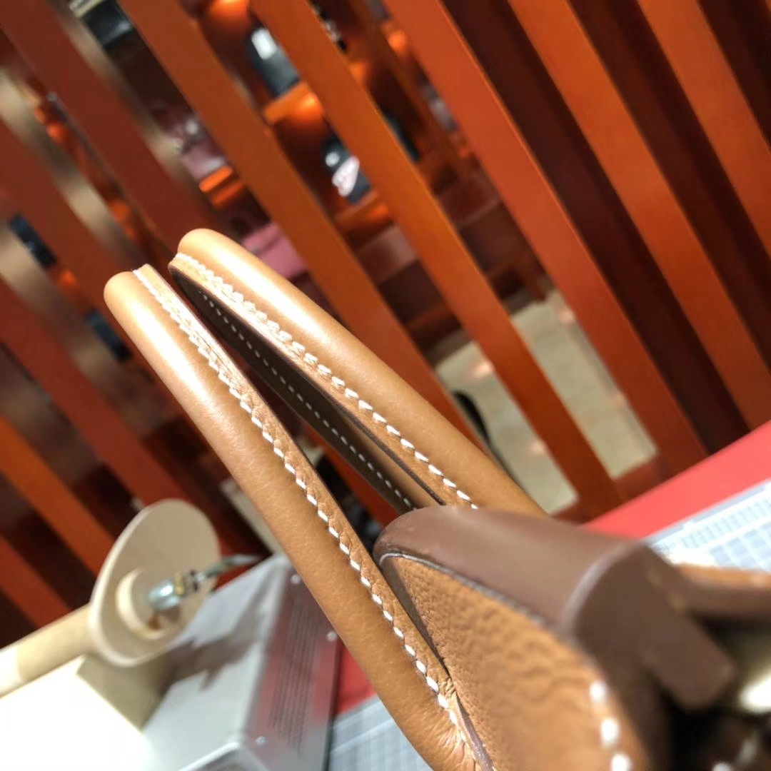 Hermes包包官网 爱马仕铂金包金棕色37 Gold Togo牛皮Birkin25CM 银扣