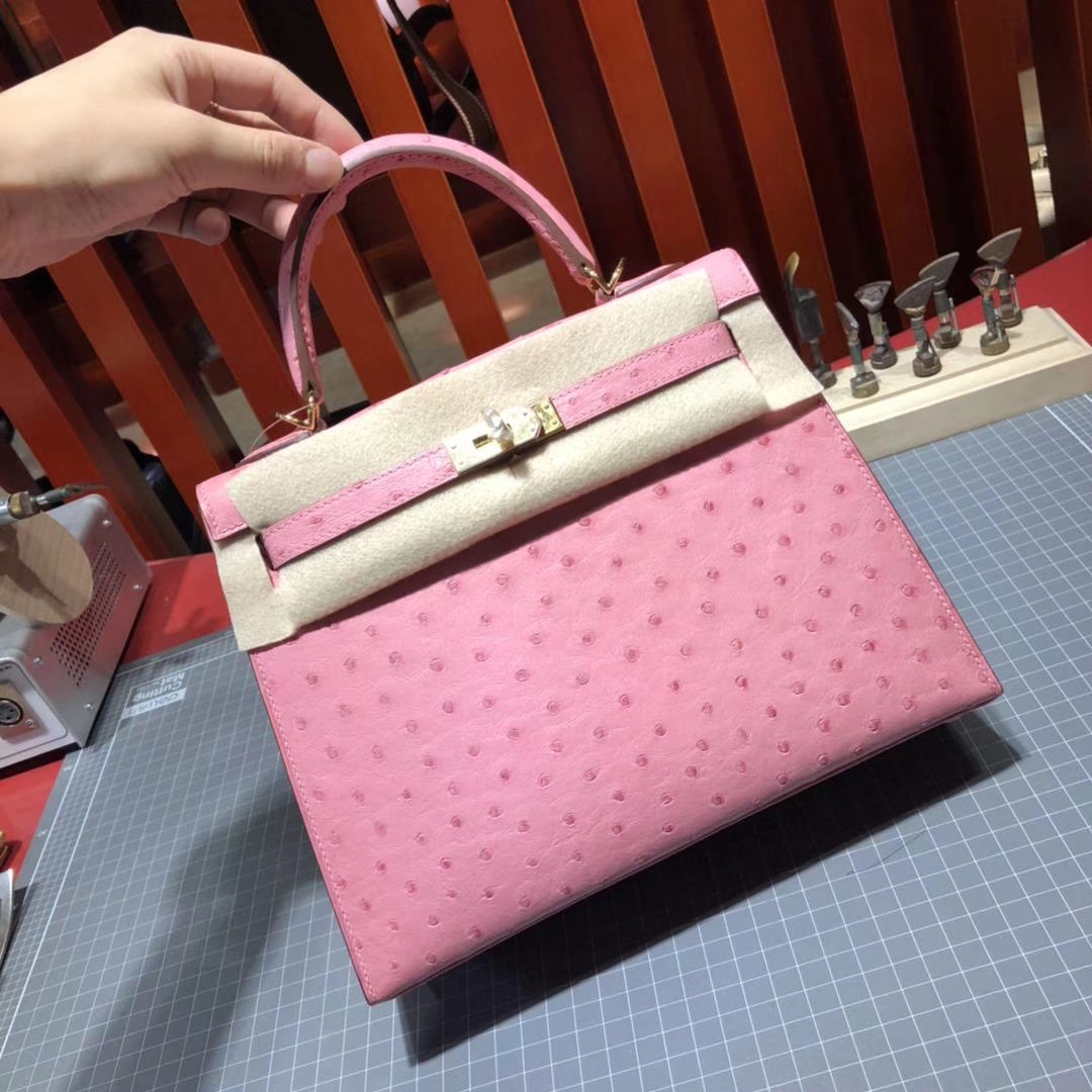 Hermes Kelly25CM 爱马仕陶瓷粉顶级鸵鸟皮凯莉包 金扣