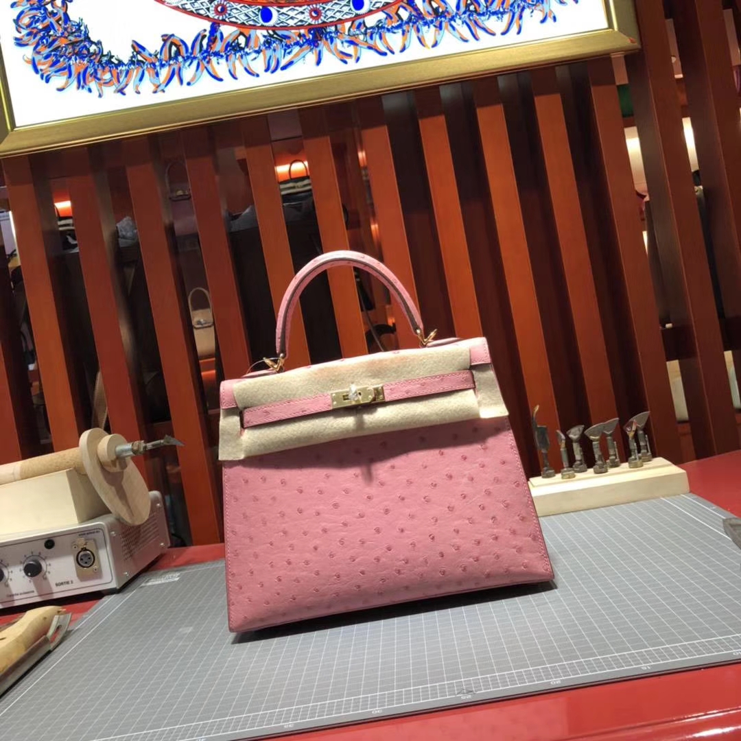 Hermes Kelly25CM 爱马仕陶瓷粉顶级鸵鸟皮凯莉包 金扣