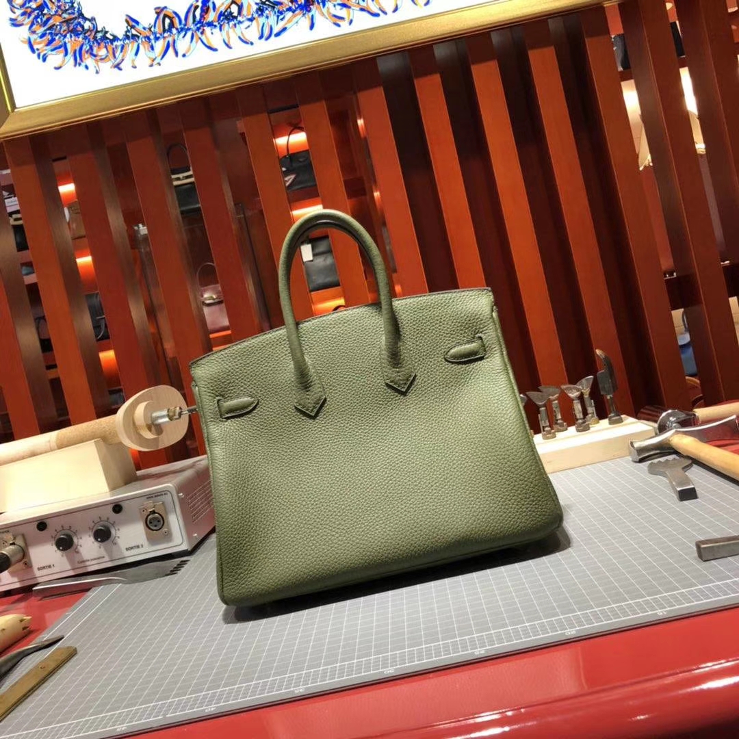 爱马仕Birkin女包 Hermes原厂Togo牛皮铂金包25CM V6丛林绿 金扣