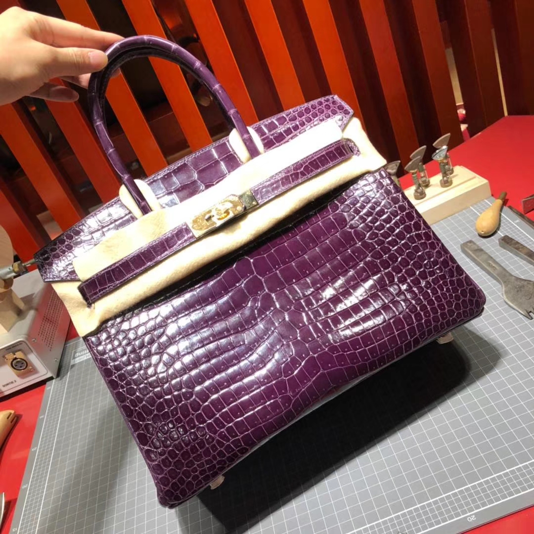 爱马仕Birkin30铂金包 Hermes亮面倒V湾鳄鱼皮 3W葡萄紫 金扣