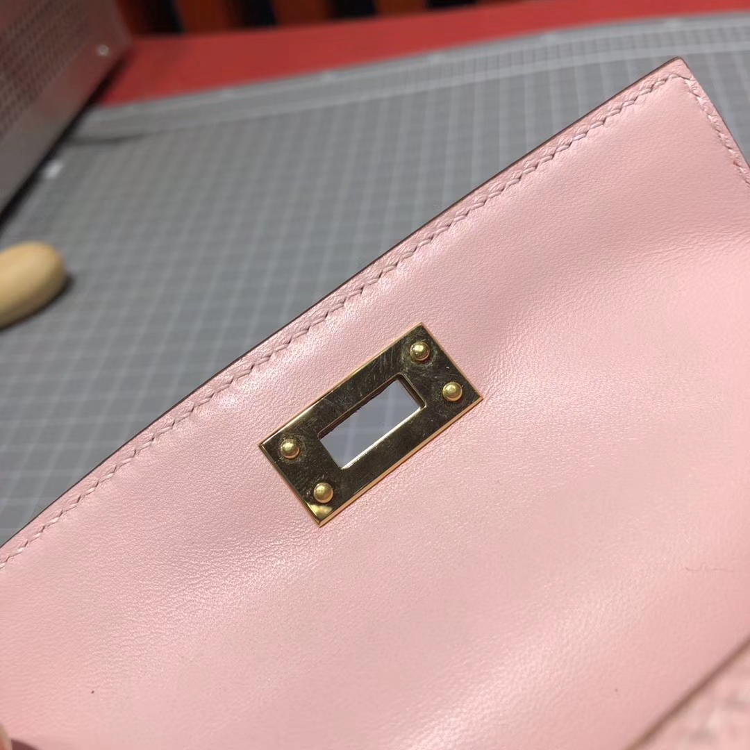 爱马仕迷你凯莉包2代 Hermes Minikelly-2 3Q粉色Epsom牛皮 金扣